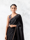 Midnight Black Embroidered Designer Satin Silk Saree With Contrast Blouse