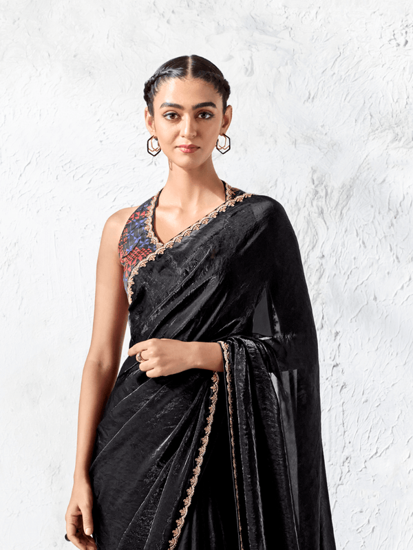 Midnight Black Embroidered Designer Satin Silk Saree With Contrast Blouse