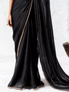 Midnight Black Embroidered Designer Satin Silk Saree With Contrast Blouse