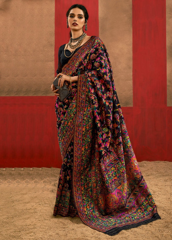 Midnight Black Kashmiri Chinar Cotton Pashmina Saree