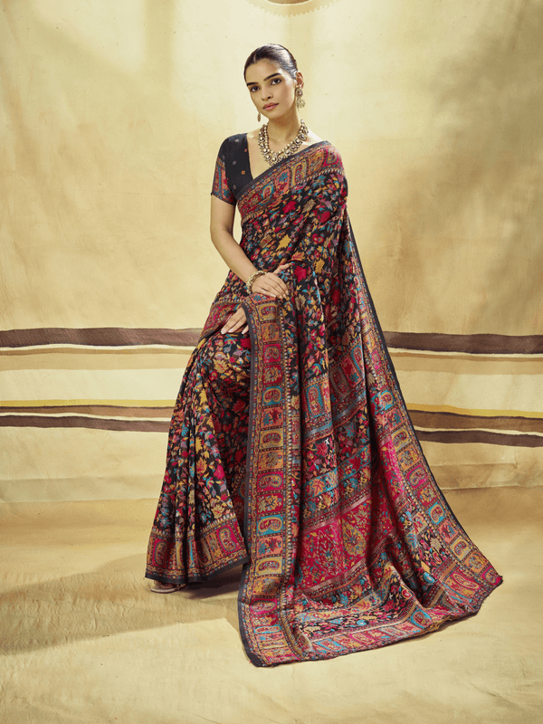 Midnight Black Kashmiri Kani Handloom Cotton Silk Saree