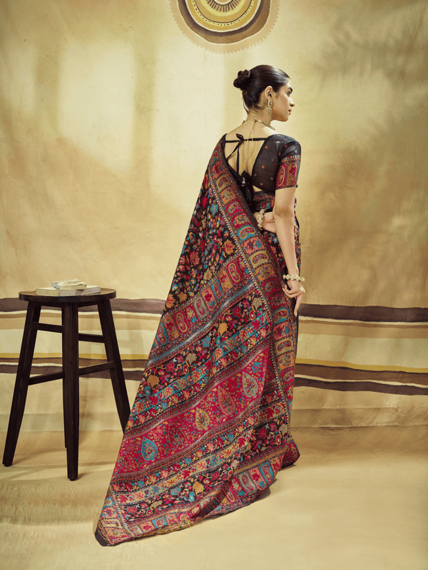 Midnight Black Kashmiri Kani Handloom Cotton Silk Saree