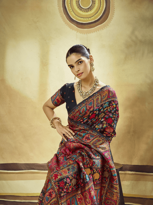 Midnight Black Kashmiri Kani Handloom Cotton Silk Saree