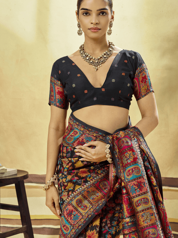 Midnight Black Kashmiri Kani Handloom Cotton Silk Saree
