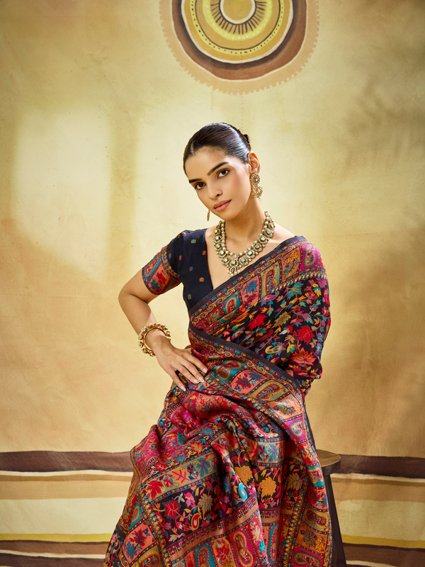Midnight Black Kashmiri Kani Handloom Cotton Silk Saree