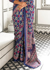 Midnight Blue Ajrakh Satin Crepe Saree