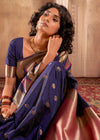 Midnight Blue Woven Banarasi Saree With Temple Border