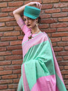 Mint Green and Pink Soft Silk Saree