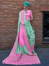 Mint Green and Pink Soft Silk Saree