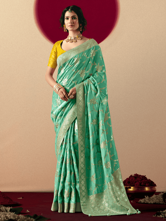Mint Green Banarasi Silk Saree With Contrast Blouse