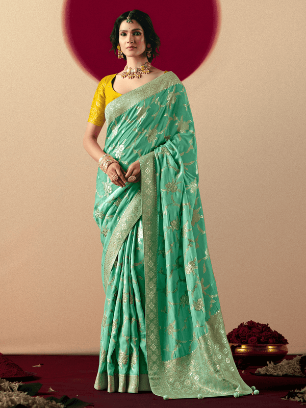 Mint Green Banarasi Silk Saree With Contrast Blouse