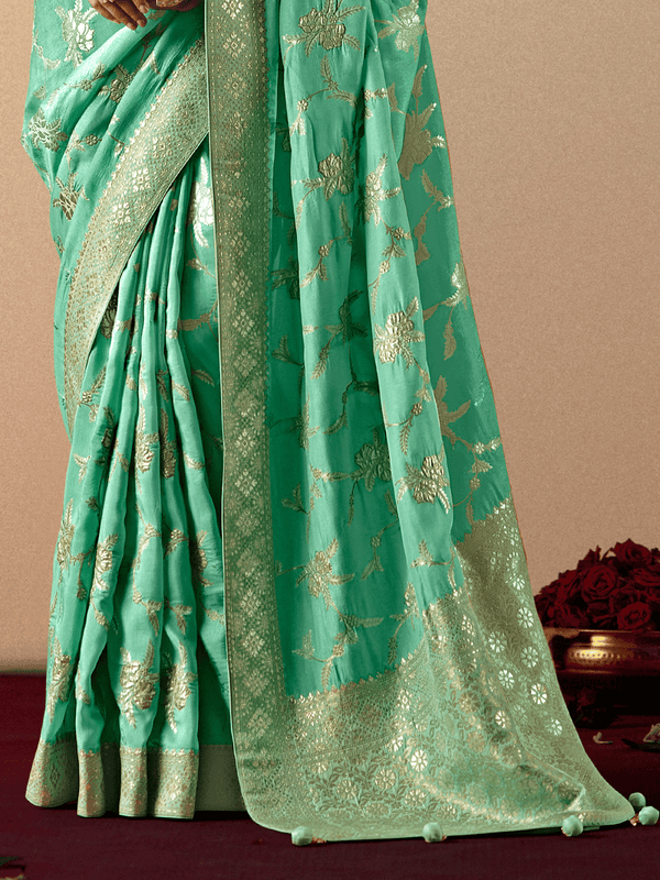 Mint Green Banarasi Silk Saree With Contrast Blouse