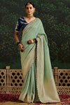 Mint Green Designer Banarasi Dola Silk Saree With Golden Zari Work