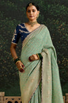 Mint Green Designer Banarasi Dola Silk Saree With Golden Zari Work