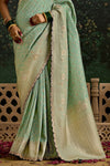 Mint Green Designer Banarasi Dola Silk Saree With Golden Zari Work