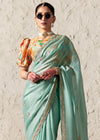 Mint Green Designer Organza Saree with Multicolor Contrast Blouse