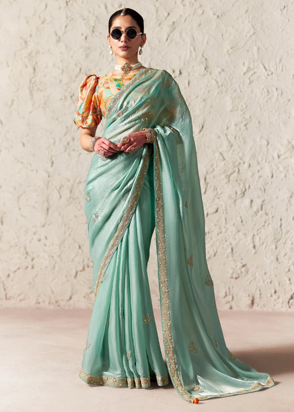 Mint Green Designer Organza Saree with Multicolor Contrast Blouse