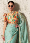 Mint Green Designer Organza Saree with Multicolor Contrast Blouse