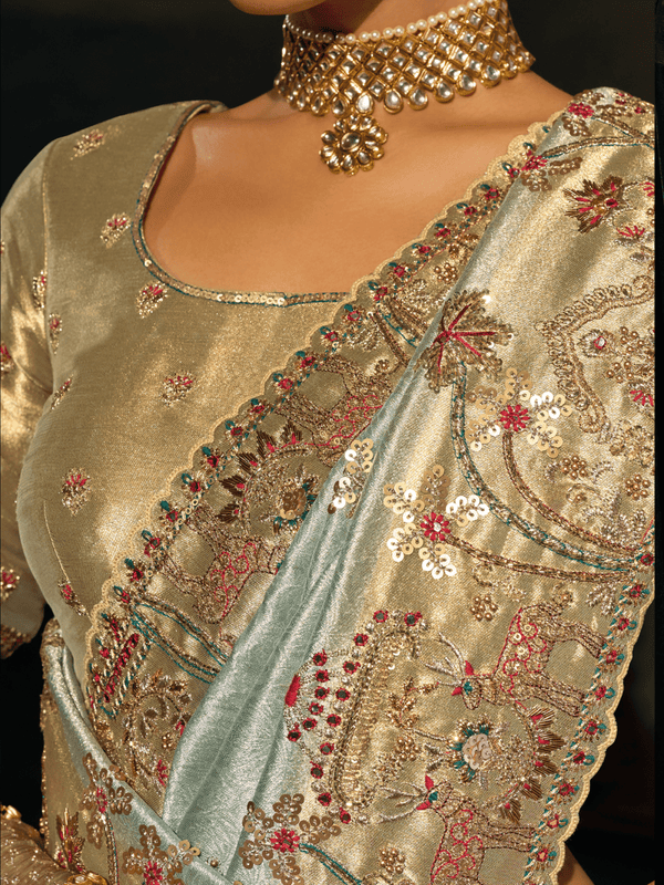 Mint Green Embroidered Designer Tissue Silk Saree With Contrast Blouse
