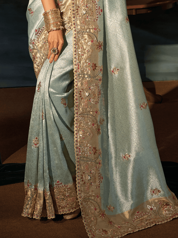 Mint Green Embroidered Designer Tissue Silk Saree With Contrast Blouse