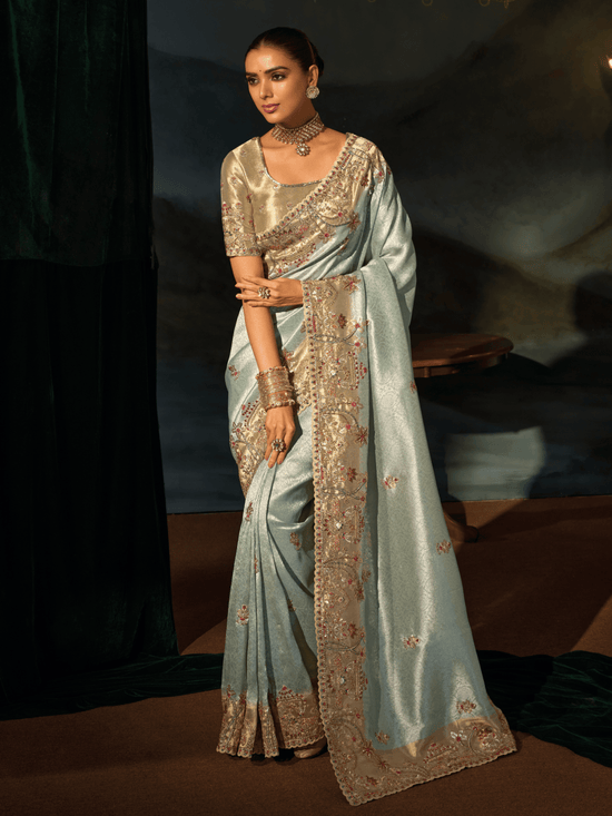 Mint Green Embroidered Designer Tissue Silk Saree With Contrast Blouse