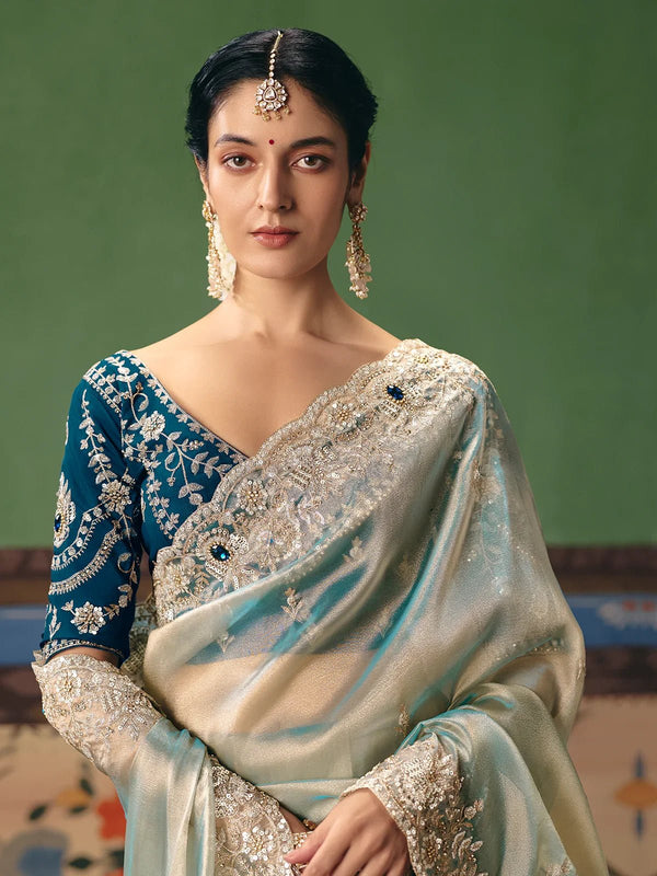 Mint Silver Tissue Silk Saree with Peacock Teal Contrast Blouse