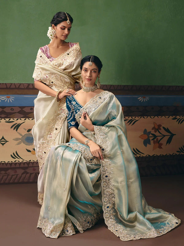Mint Silver Tissue Silk Saree with Peacock Teal Contrast Blouse