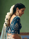 Mint Silver Tissue Silk Saree with Peacock Teal Contrast Blouse