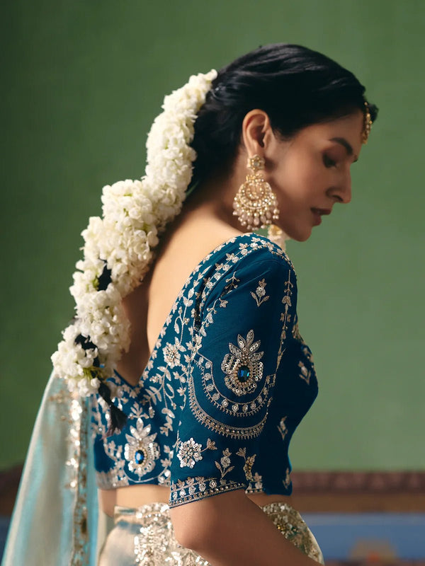 Mint Silver Tissue Silk Saree with Peacock Teal Contrast Blouse