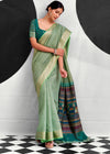 Sage Green Woven Designer Linen Cotton Saree