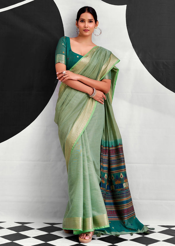 Sage Green Woven Designer Linen Cotton Saree