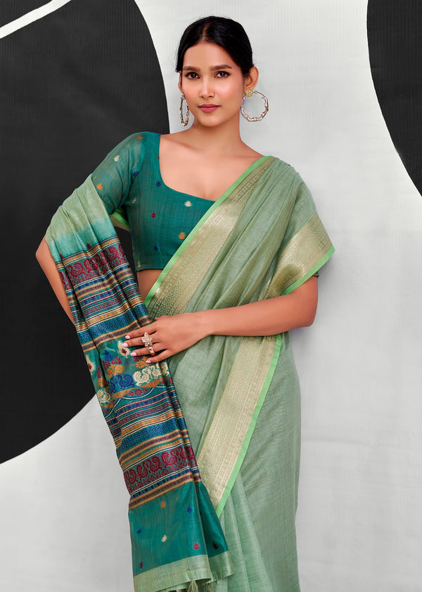 Sage Green Woven Designer Linen Cotton Saree