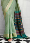 Sage Green Woven Designer Linen Cotton Saree