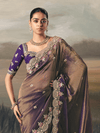 Mocha Brown Embroidered Designer Organza Silk Saree With Contrast Blouse