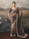 Mocha Brown Embroidered Designer Organza Silk Saree With Contrast Blouse