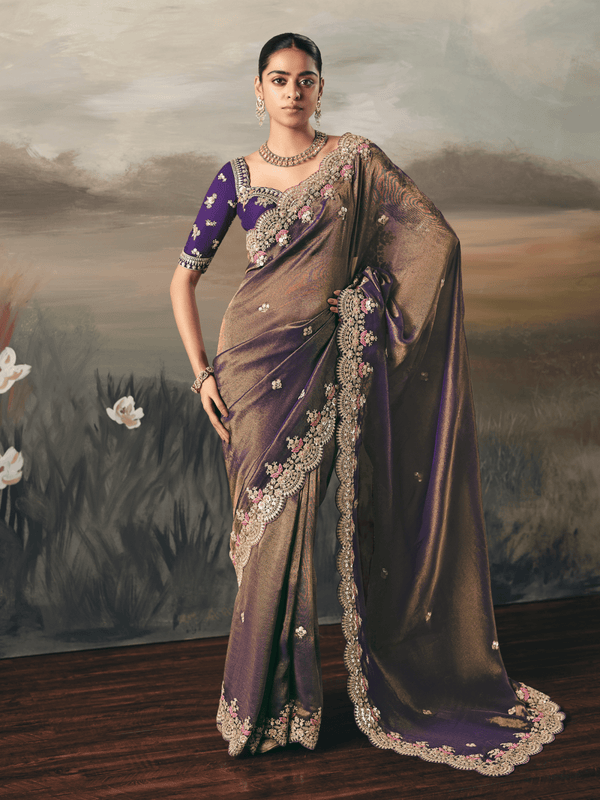 Mocha Brown Embroidered Designer Organza Silk Saree With Contrast Blouse