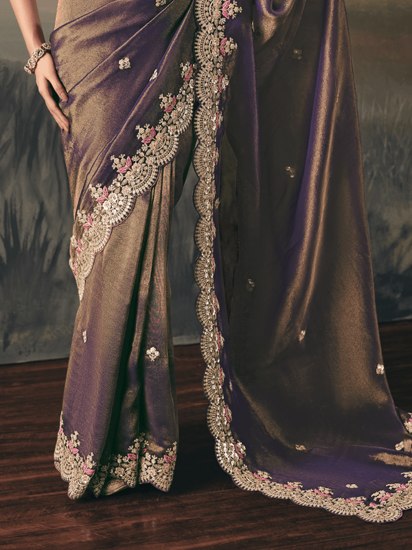 Mocha Brown Embroidered Designer Organza Silk Saree With Contrast Blouse