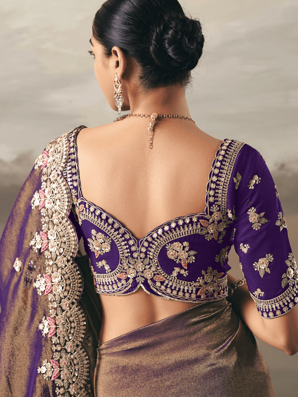 Mocha Brown Embroidered Designer Organza Silk Saree With Contrast Blouse