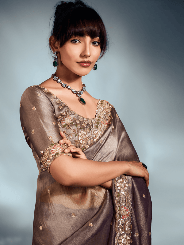Mocha Brown Embroidered Designer Tissue Organza Silk Saree