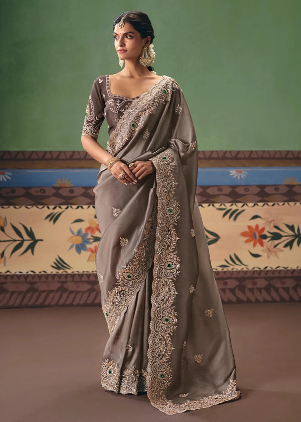Mocha Brown Georgette Silk Saree