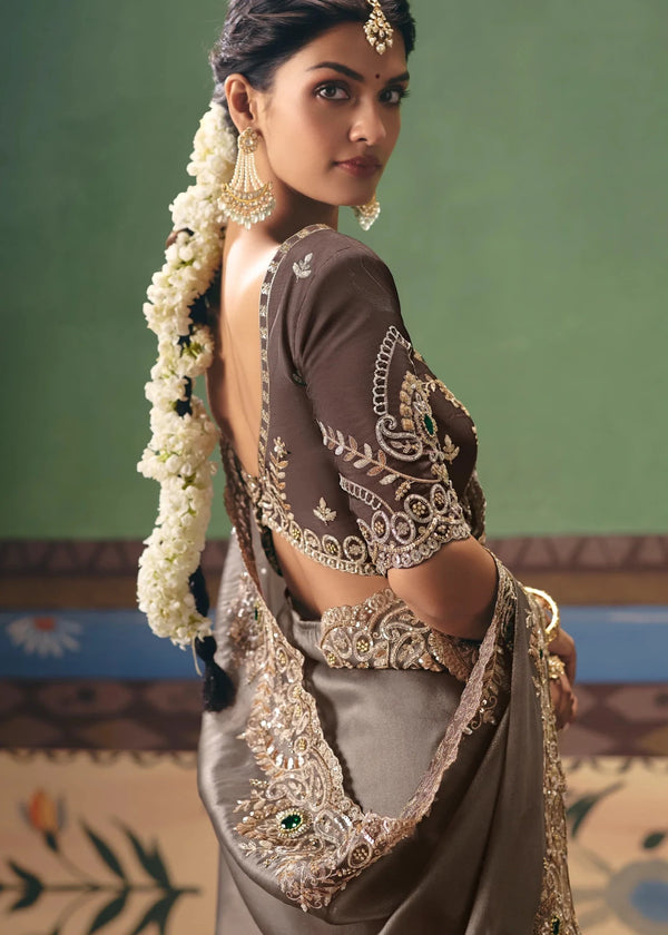 Mocha Brown Georgette Silk Saree