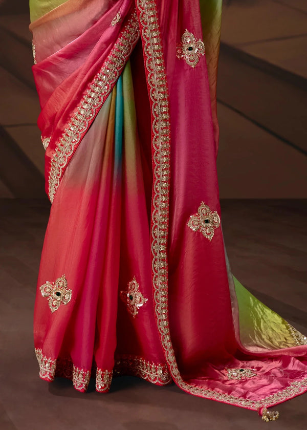 Multicolor Ombre Satin Silk Saree with Pink Contrast Blouse