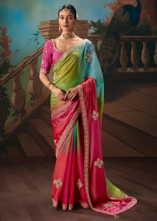 Multicolor Ombre Satin Silk Saree with Pink Contrast Blouse