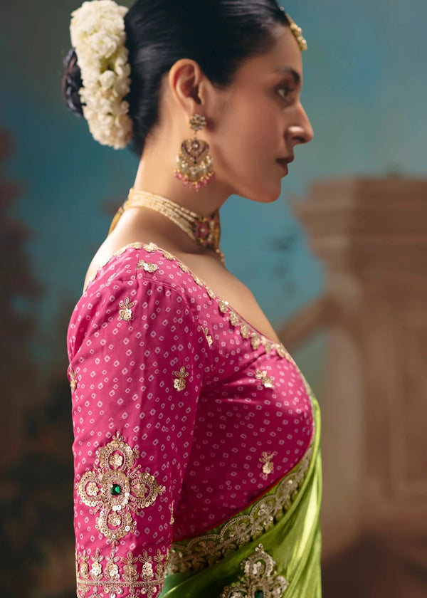 Multicolor Ombre Satin Silk Saree with Pink Contrast Blouse