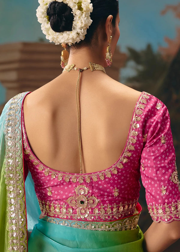 Multicolor Ombre Satin Silk Saree with Pink Contrast Blouse
