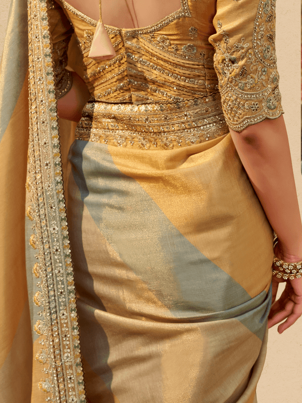 Mustard Gold Embroidered Designer Tissue Silk Saree