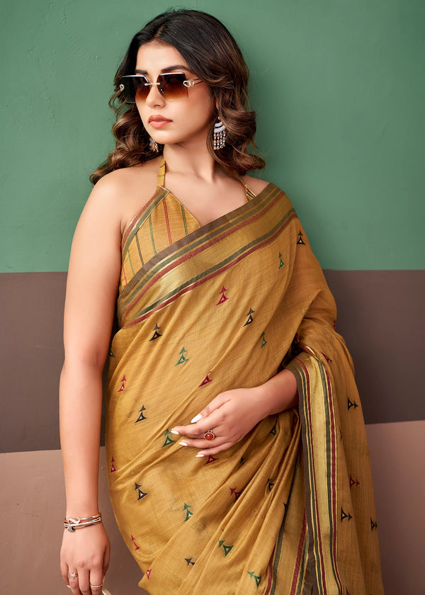 Mustard Gold Woven Designer Cotton Saree