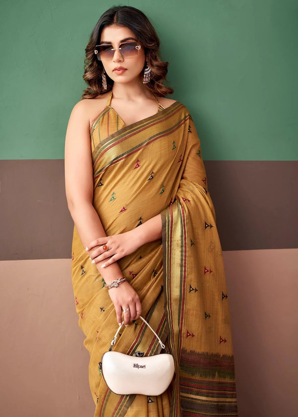 Mustard Gold Woven Designer Cotton Saree