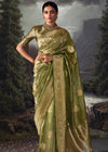 Mustard Green Woven Banarasi Organza Silk Saree