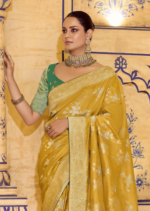 Mustard Yellow Banarasi Crepe Silk Saree with Teal Contrast Blouse